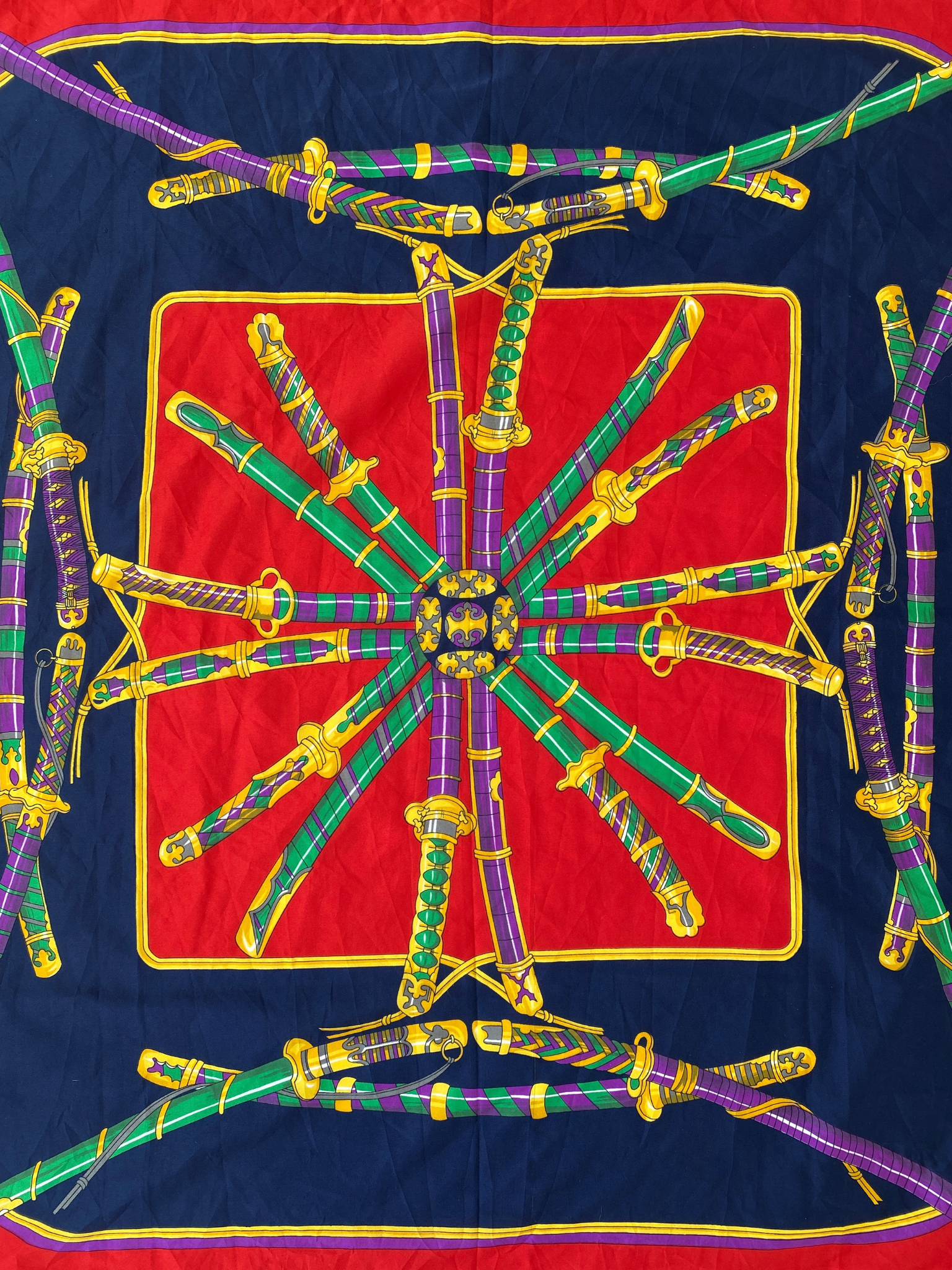 Statement Vintage JAGO Red Navy Sword Motif Square Scarf