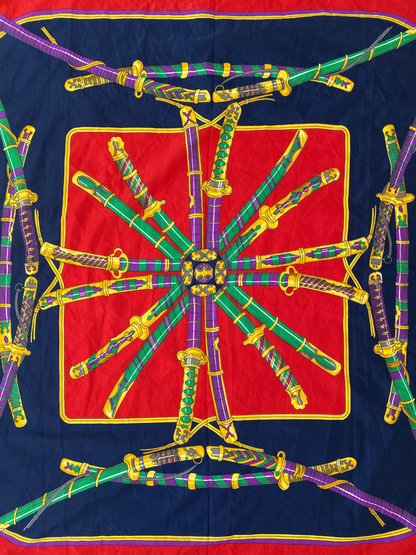 Statement Vintage JAGO Red Navy Sword Motif Square Scarf
