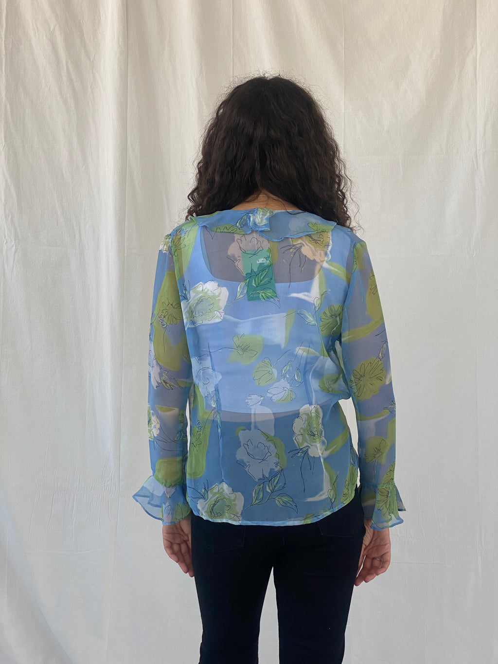 Vintage Penmaris Sheer Blue Floral Green Ruffled Trim Cardigan - M