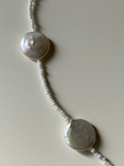 Vintage White Mother of Pearl Coin Beaded Necklace with Seed Beads