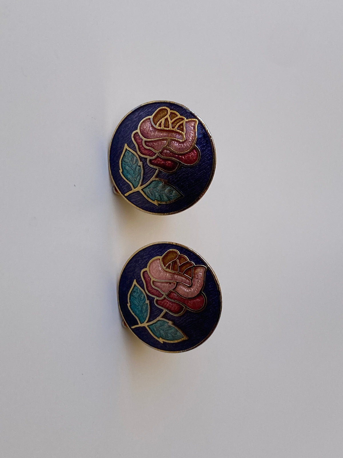 Vintage Enamel Rose Clip-On Blue Floral Cloisonné Style Mini Earrings Vintage Enamel Rose Clip-On Blue Floral Cloisonné Style Mini Earrings