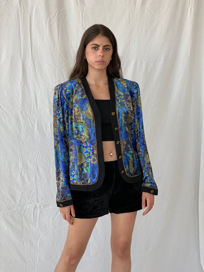 Statement Vintage Paisley Print Velvet Button Front Blazer - L