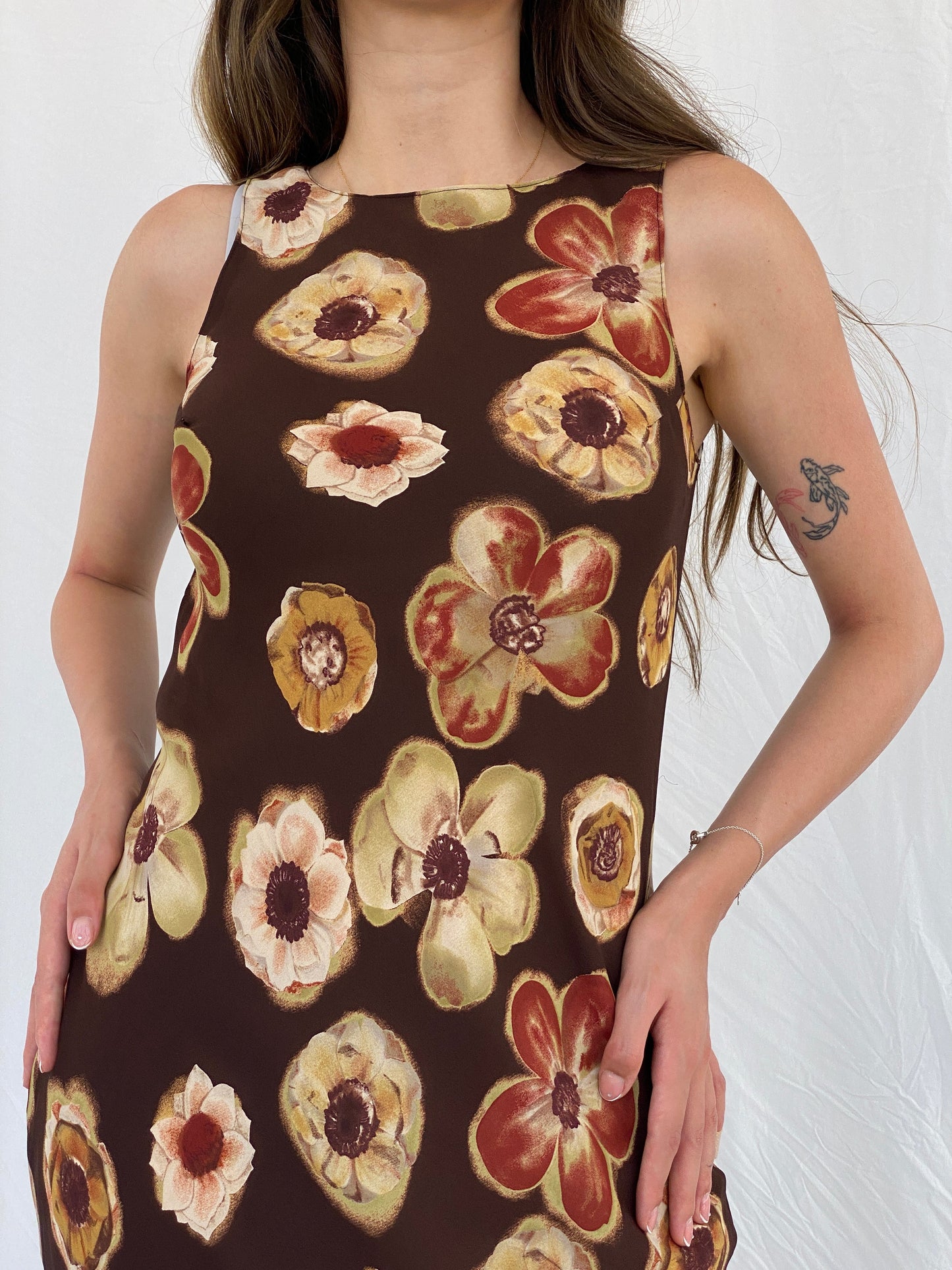 Vintage 90s PJLA Floral Brown Bodycon Sleeveless Maxi Dress - M