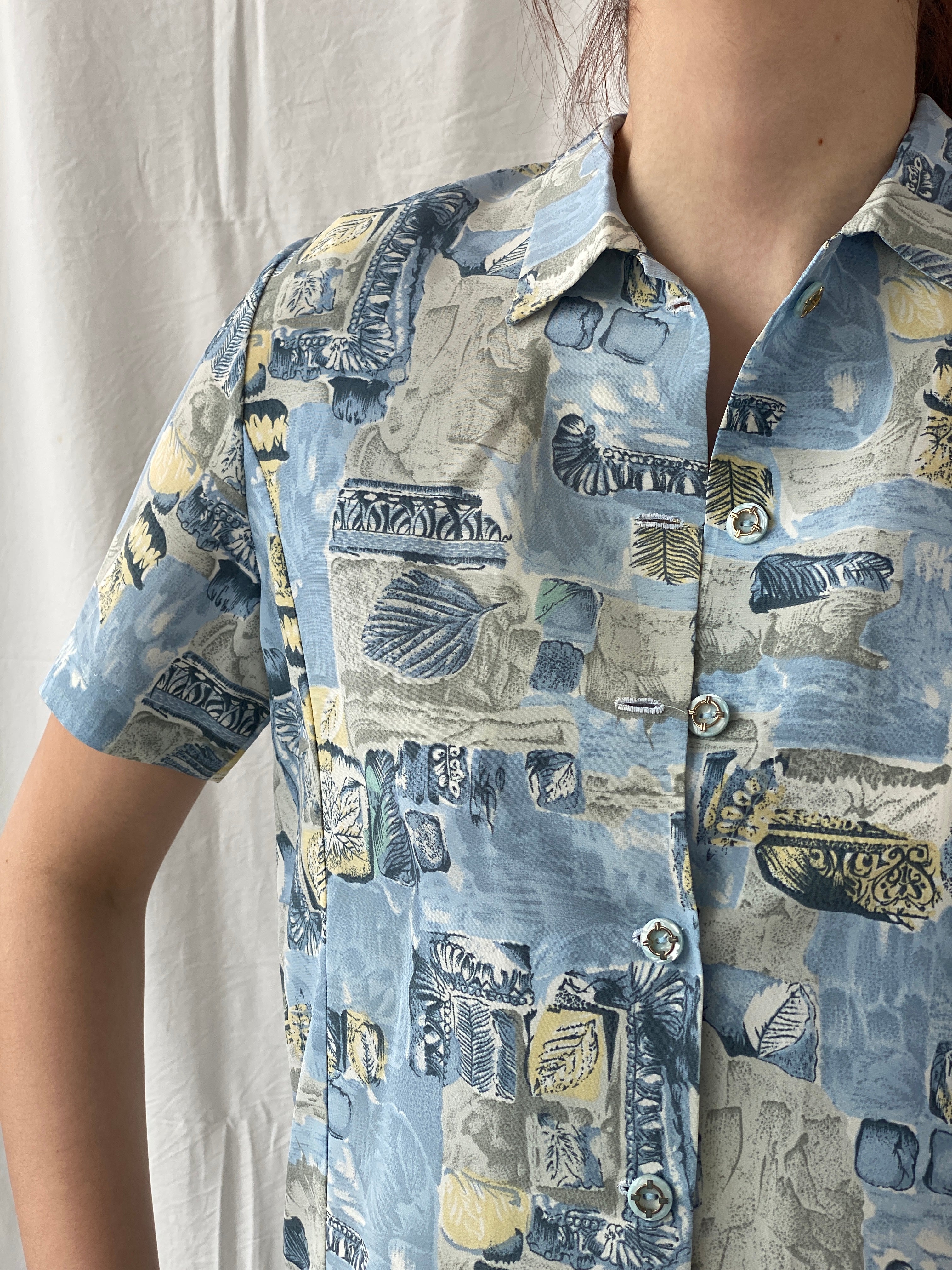 Vintage Handmade Blue Half Sleeve Button Up Women’s Shirt - M