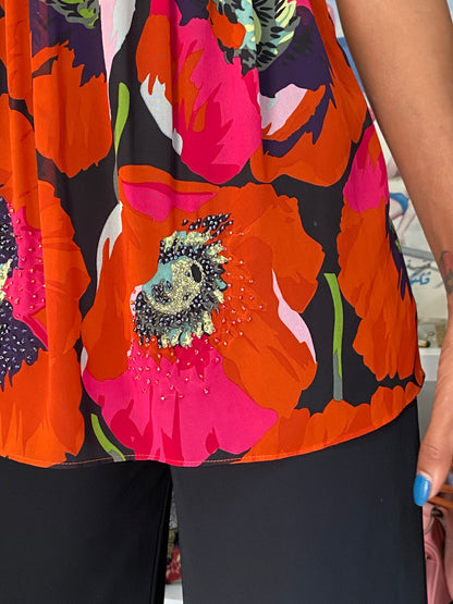 Y2K Ted Baker London Red Floral Beaded Sleeveless Tunic Top – S
