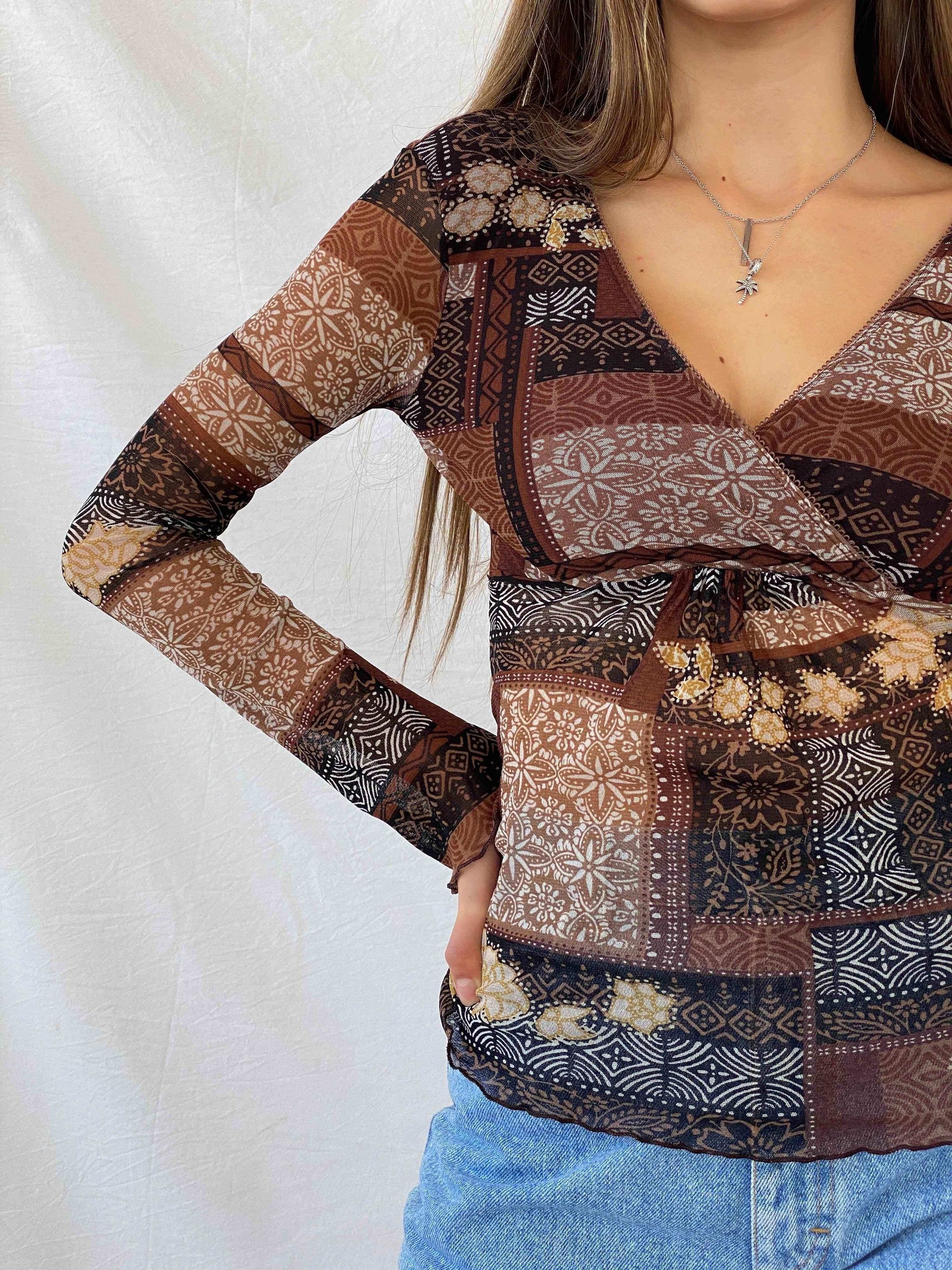 Vintage 90s Etam Full Sleeve Brown Mesh Top - Balagan Vintage Mesh Top consignment, full sleeve top, Isabella, mesh, mesh top, Mira, NEW IN