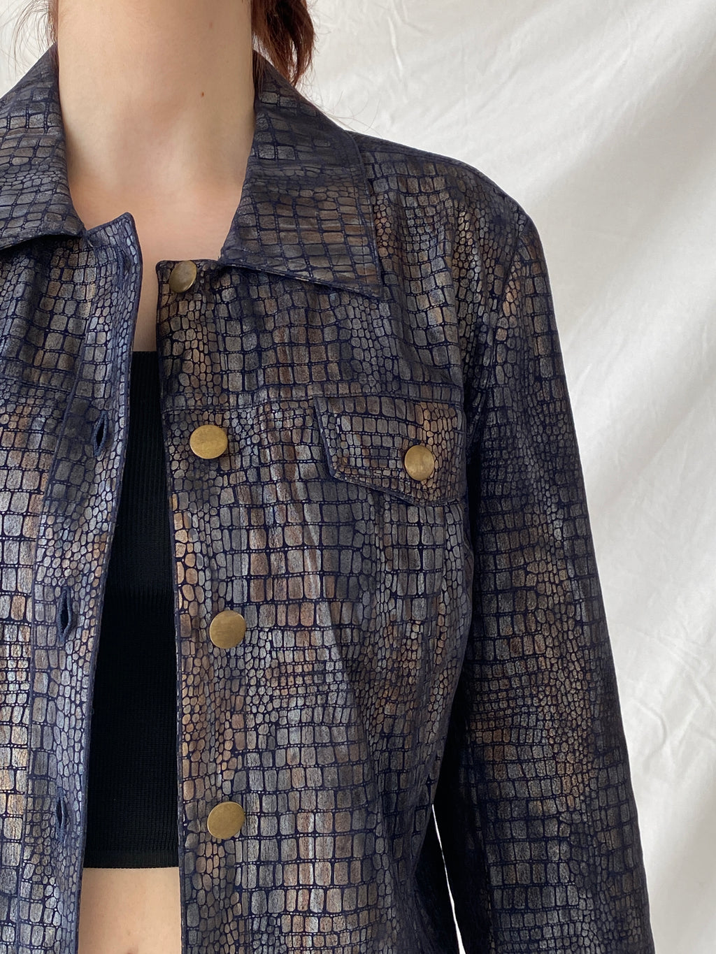 Vintage Bamboo Traders Petite Metallic Denim Snake Print Women’s Buttoned Blazer Jacket - L