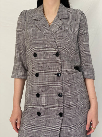 Vintage Leslie Fay Plaid Blazer Dress Tailored Double-Breasted Structured Office Dress - S