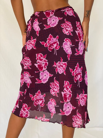 Vintage Y2K Caroll Paris Burgundy Pink Viscose Floral Midi Skirt – M