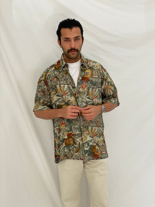 Vintage Burma Bibas Earth Tone Tropical Rayon Shirt – L