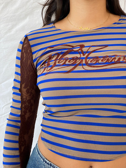 Y2K WooXooM Paris Designer Striped Top with Lace Details - S