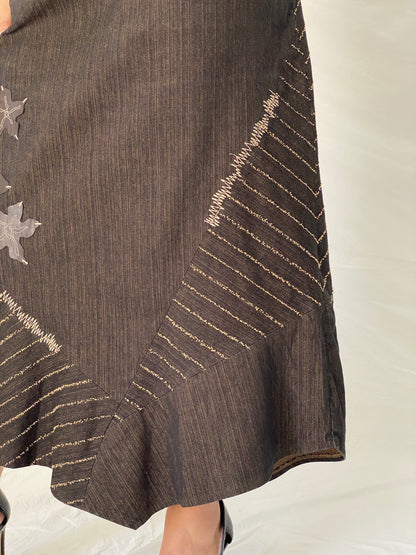 Vintage ISHWAR Brown Patchwork Midi Floral Embroidered Boho Skirt - XL