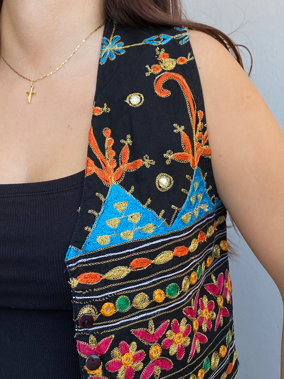 Vintage 90s Strike A Pose Black Embroidered Cotton Boho Festival Vest - S Vintage 90s Strike A Pose Black Embroidered Cotton Boho Festival Vest - S