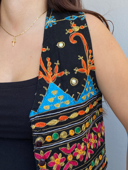 Vintage 90s Strike A Pose Black Embroidered Cotton Boho Festival Vest - S