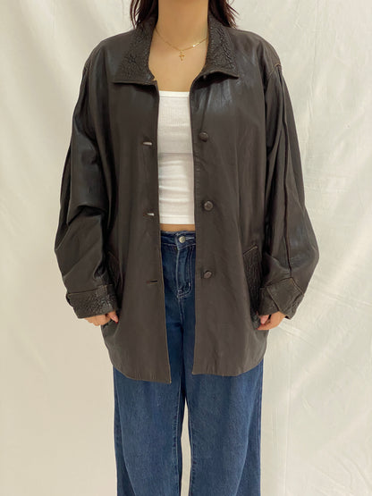 Vintage Brown Leather Coated Oversized Jacket with Textured Collar & Cuff Details - L