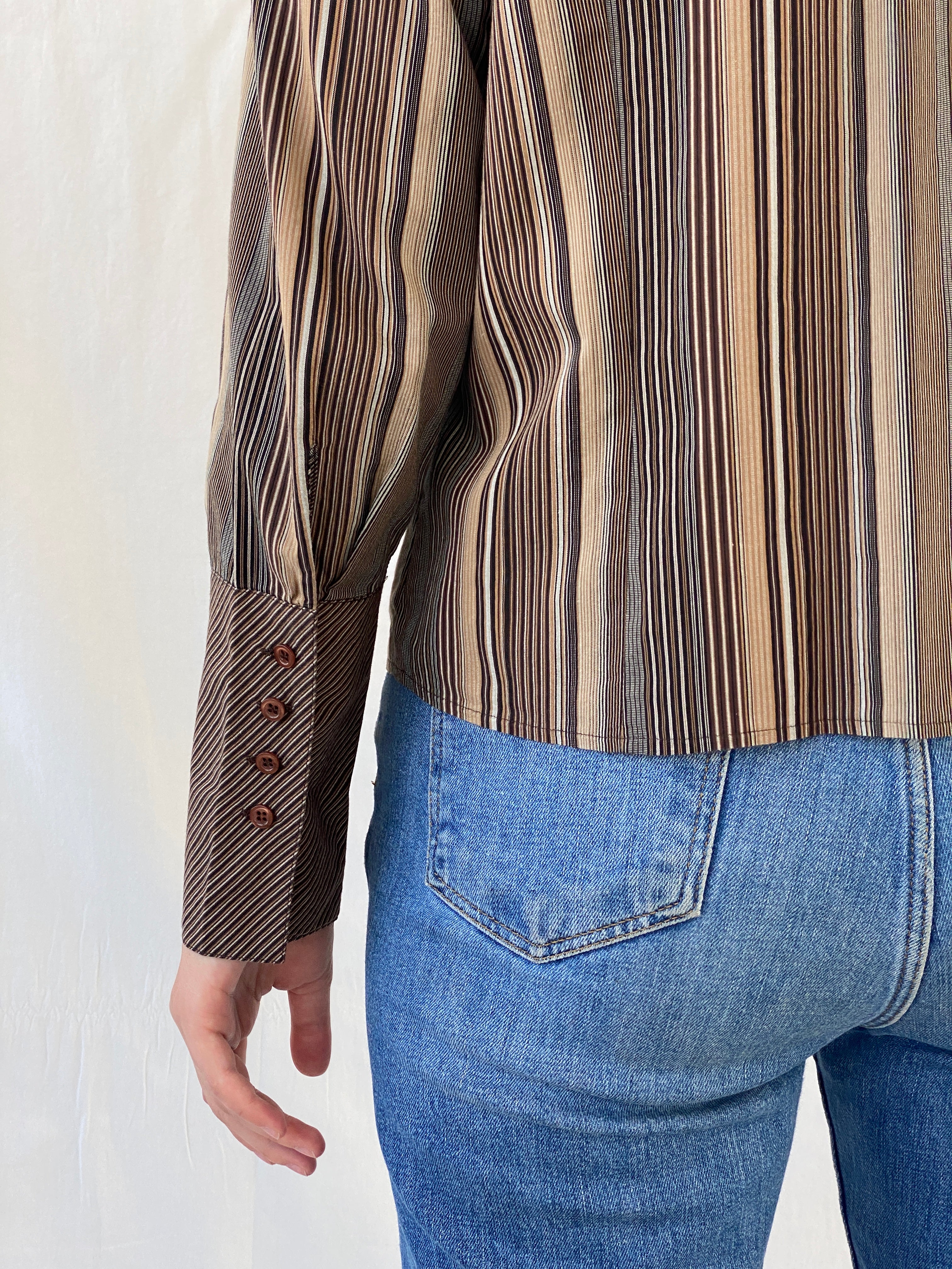 Vintage Taifun Collection Striped Brown Long Sleeve Office Shirt - M