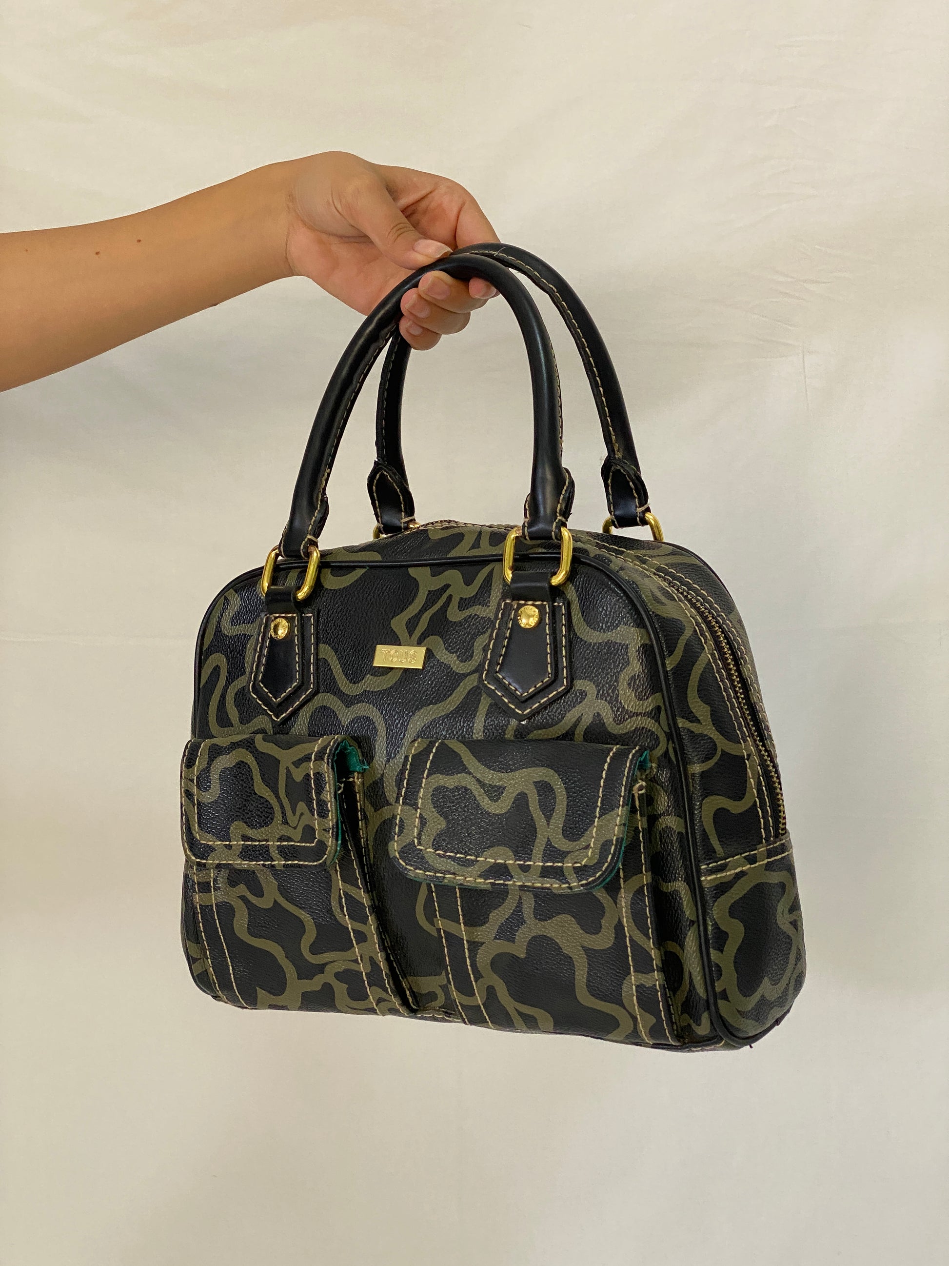 TOUS Kaos Monogram Satchel Bag Black Khaki Bear Logo Bowling Top Handle Purse TOUS Kaos Monogram Satchel Bag Black Khaki Bear Logo Bowling Top Handle Purse
