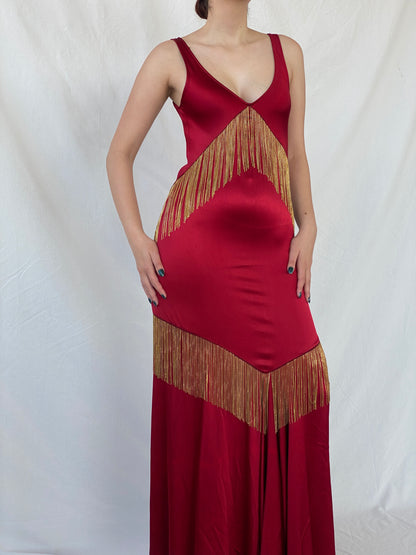 Absolutely Beautiful Ranjana Khan Burgundy Silk Gold Metal Fringe Sleeveless V-Neck Gown - S