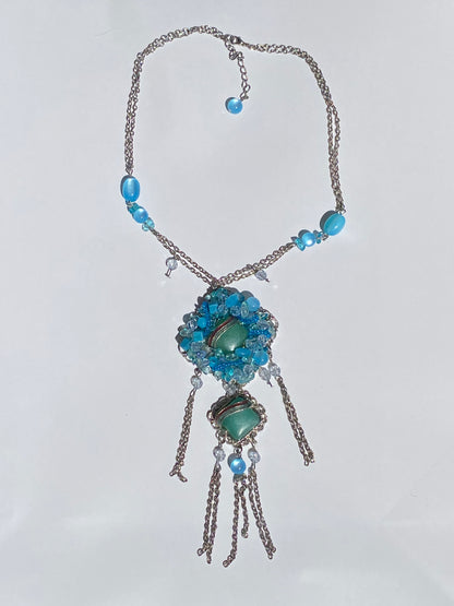 Vintage Y2K Blue Beaded Silver Tone Fringe Pendant Necklace