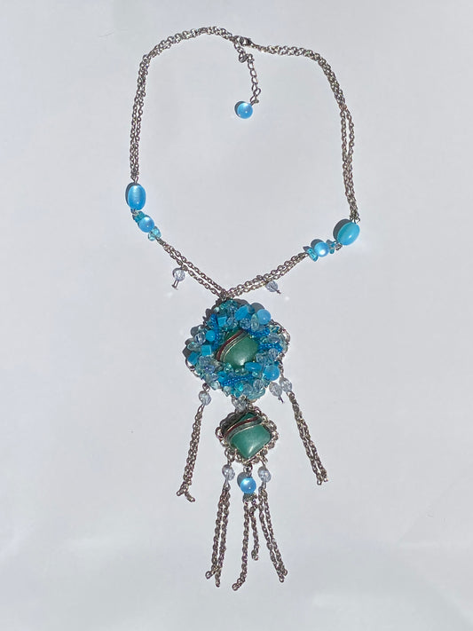 Vintage Y2K Blue Beaded Silver Tone Fringe Pendant Necklace