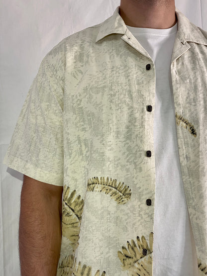Vintage IZOD Silk-Cotton Blend Palm Print Beige Resort Men’s Shirt - L