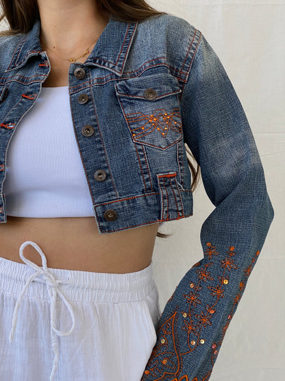 Vintage Y2K Apollo Jeans Cropped Denim Jacket With Orange Embroidery Details - M