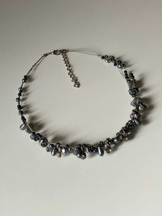 Vintage Black & Grey Pearl Beaded Necklace with Crystal Accents