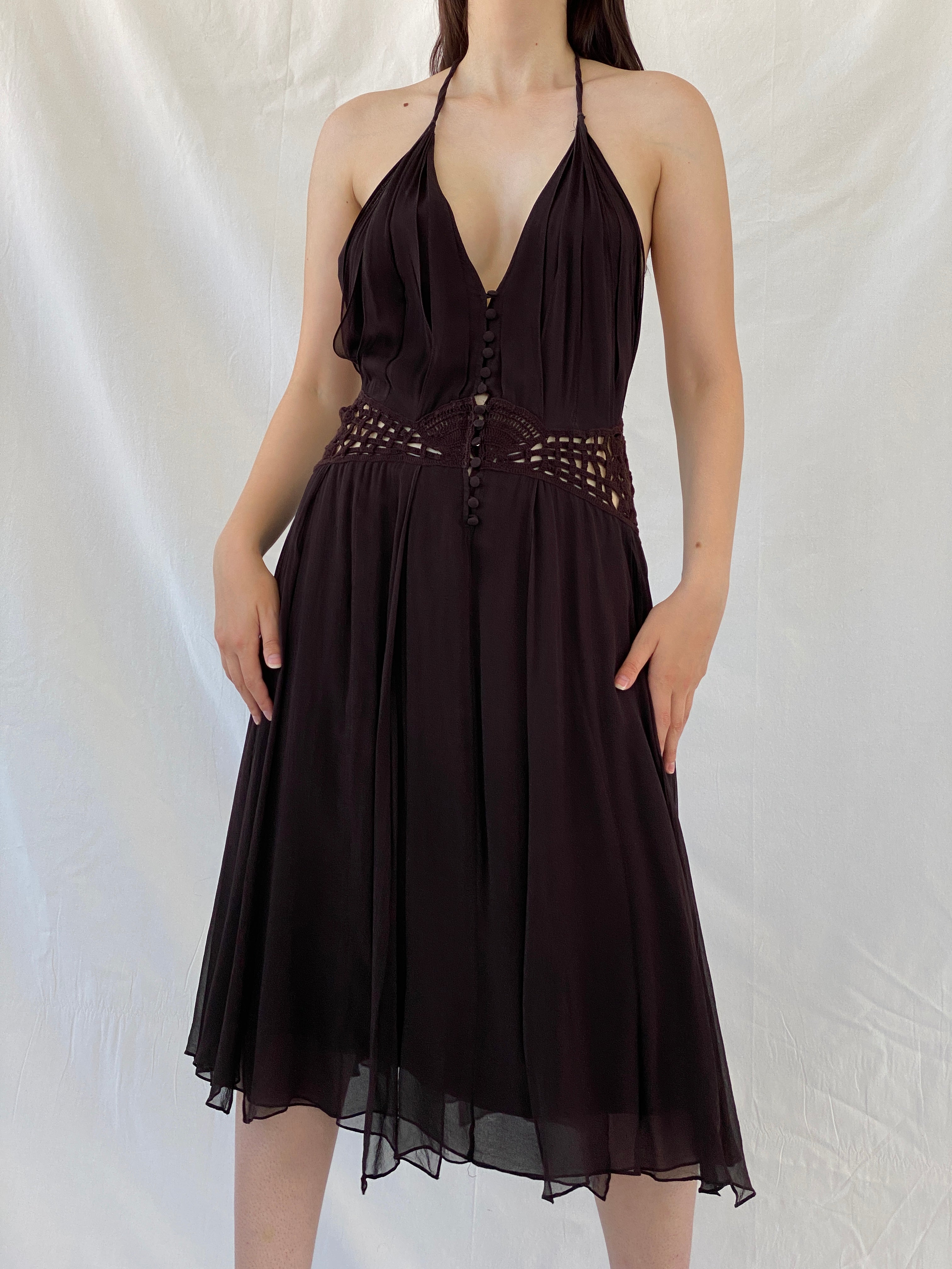 Gorgeous Max Azria Collection Silk Halter Midi Dress with Crochet Waist Detail - M