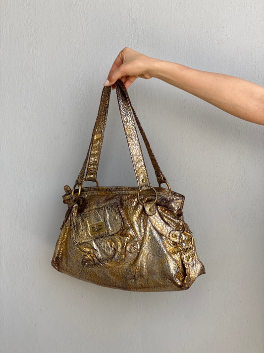 Vintage Y2K Metallic Gold Faux Snakeskin Shoulder Bag