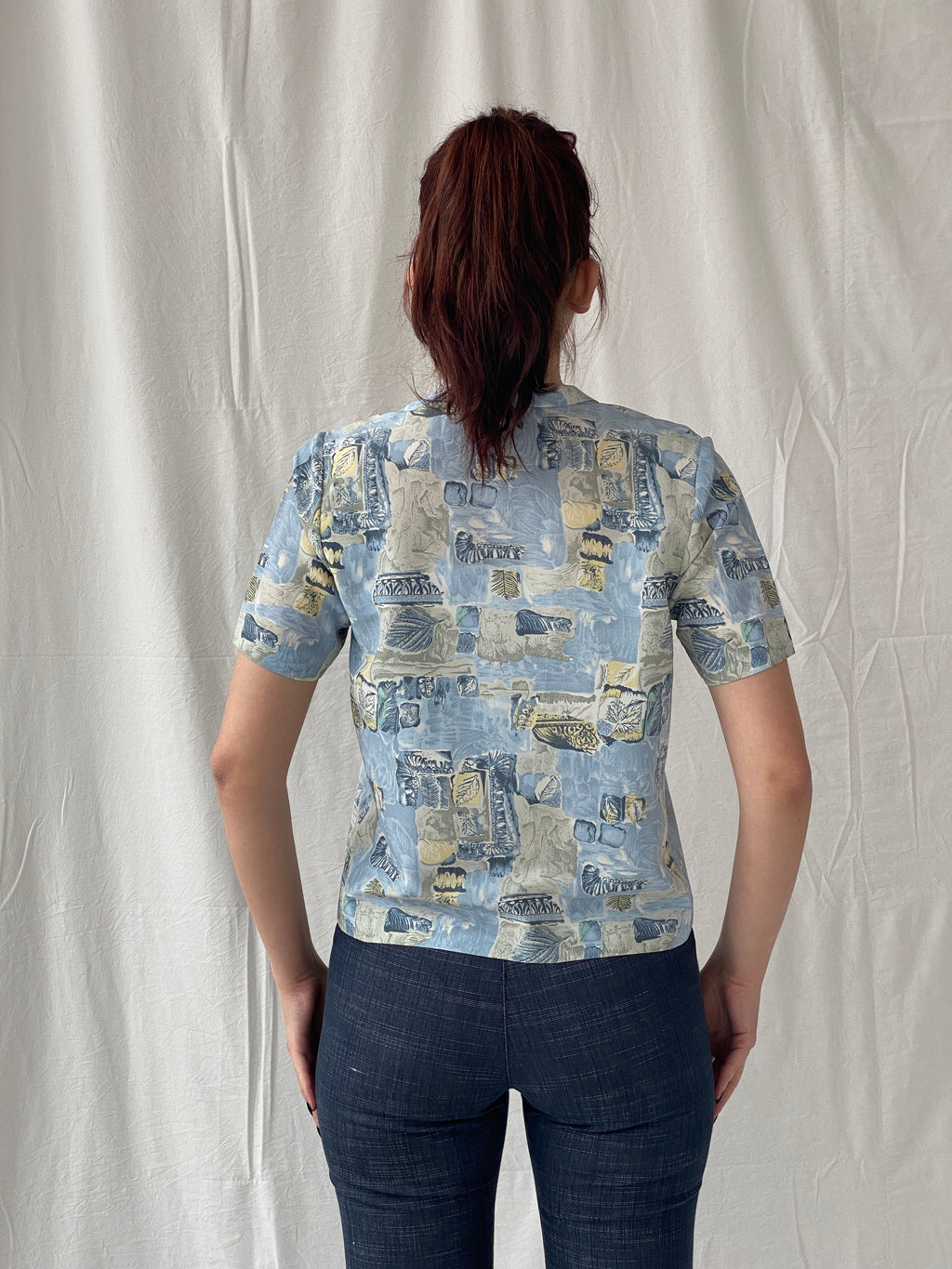 Vintage Handmade Blue Half Sleeve Button Up Women’s Shirt - M