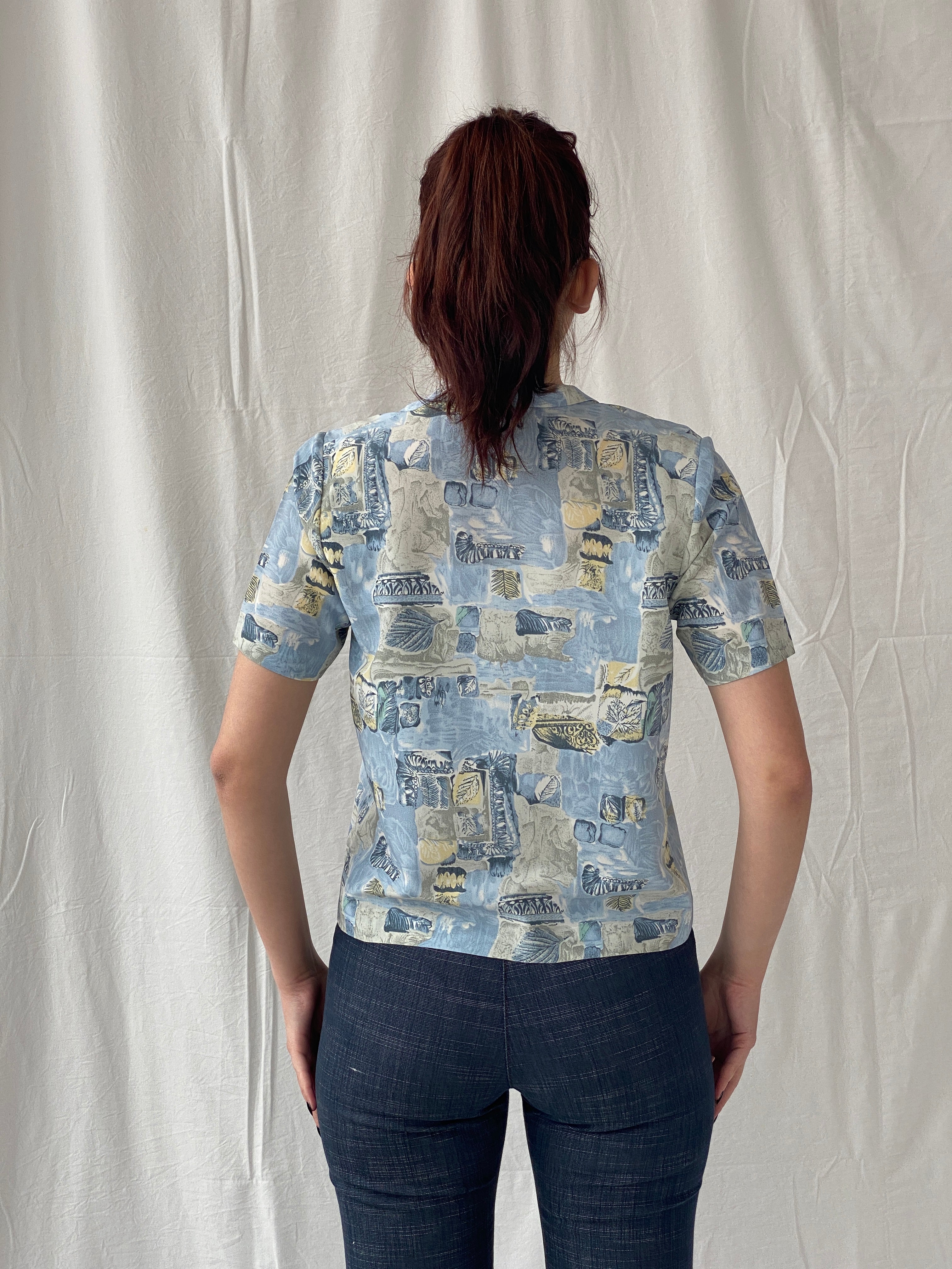 Vintage Handmade Blue Half Sleeve Button Up Women’s Shirt - M