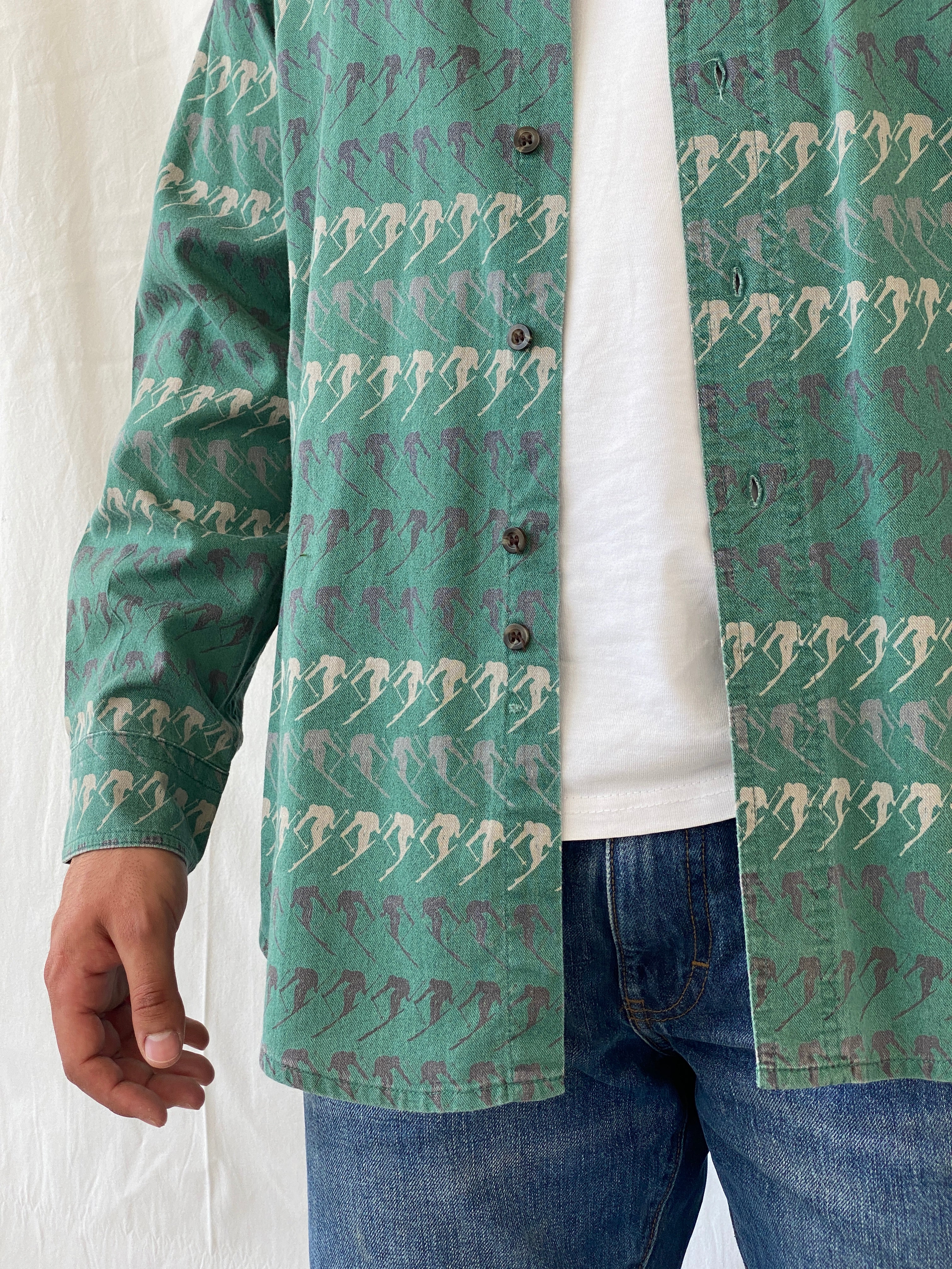 Vintage Woolrich Men’s Green Long Sleeve Cotton Skier Print Shirt - XL