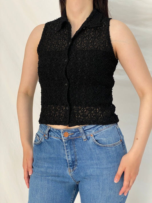 Y2K Black Crochet Knit Sleeveless Button-Up Cropped See Through Shirt – S