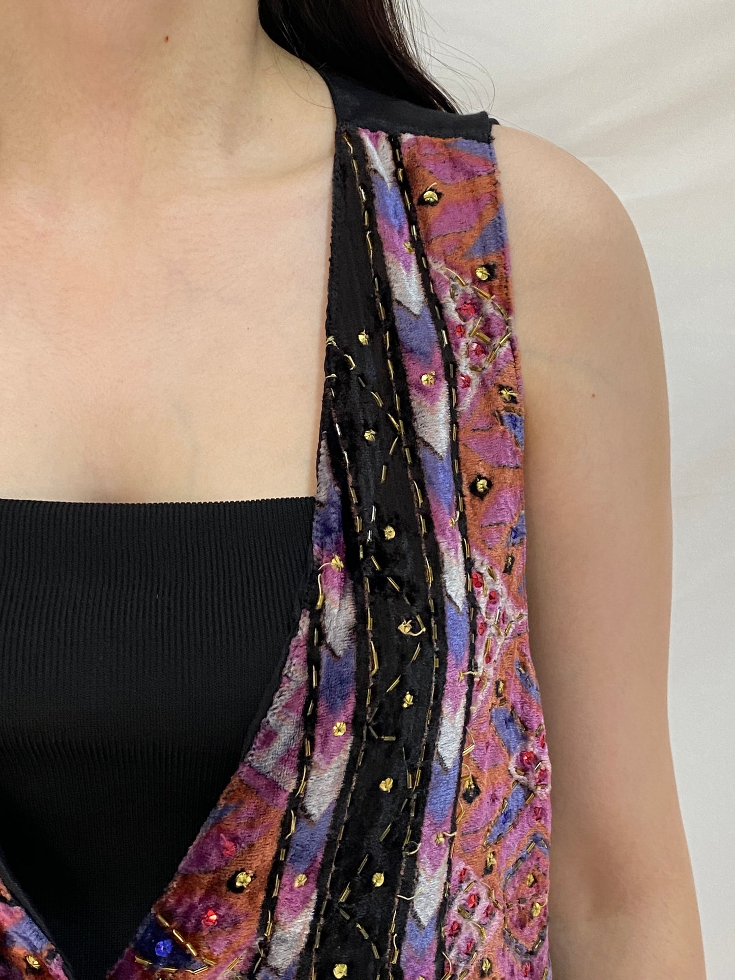 Vintage 90s Jane Ashley Beaded Velvet Boho Purple Multicolor Vest – L