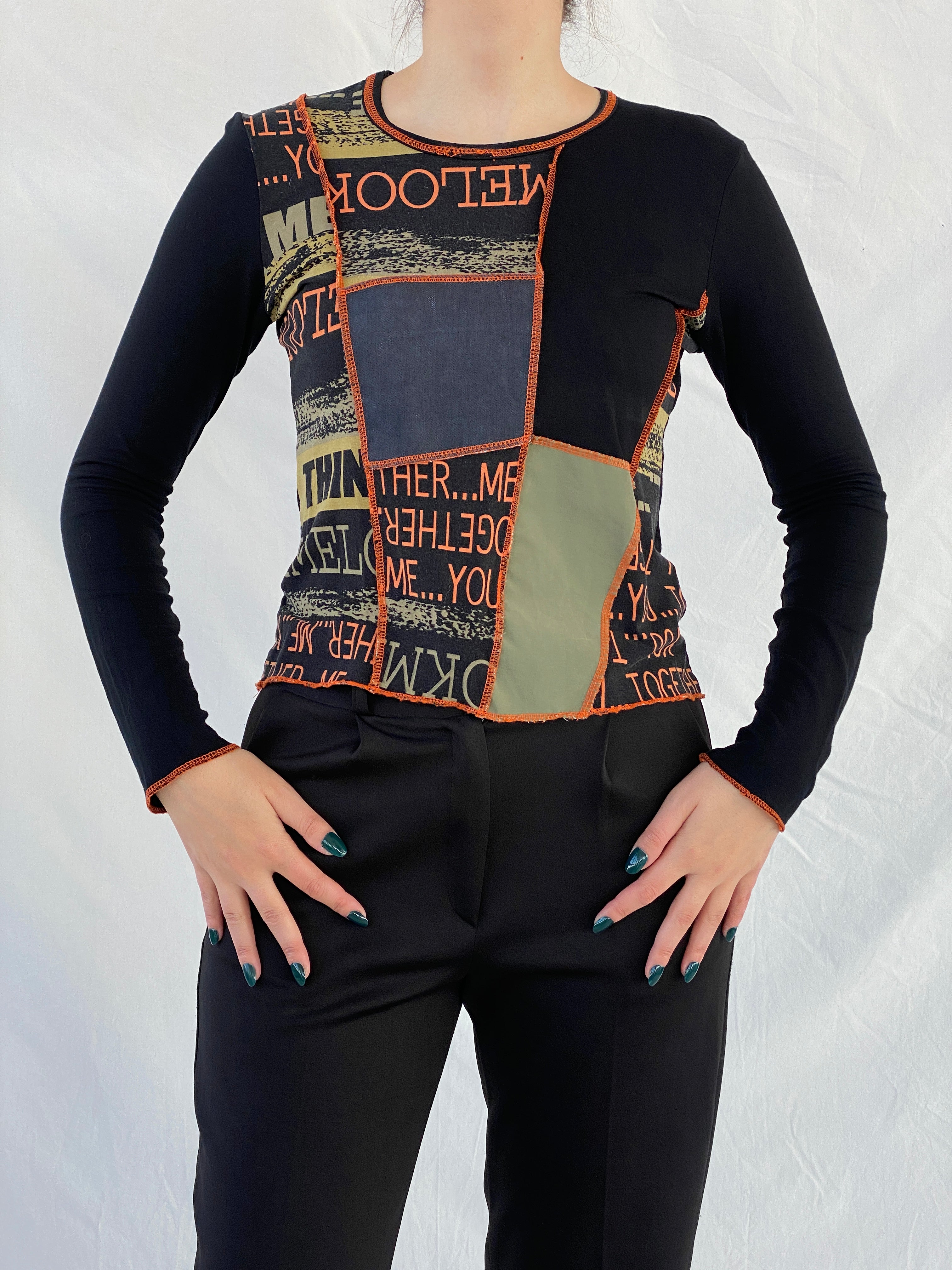 Vintage 90s La Mode Est A Vous Paris Women’s Long Sleeve Graphic Black Top - M