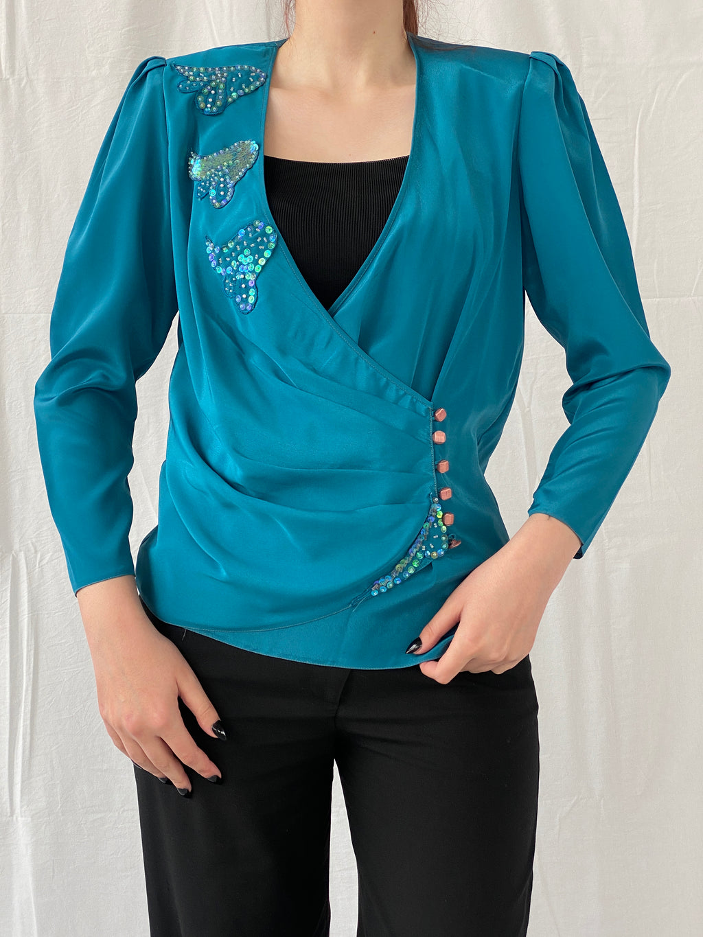 Vintage Handmade Turquoise Aqua Women’s Long Sleeve Sequin Party Wrap Blouse - M