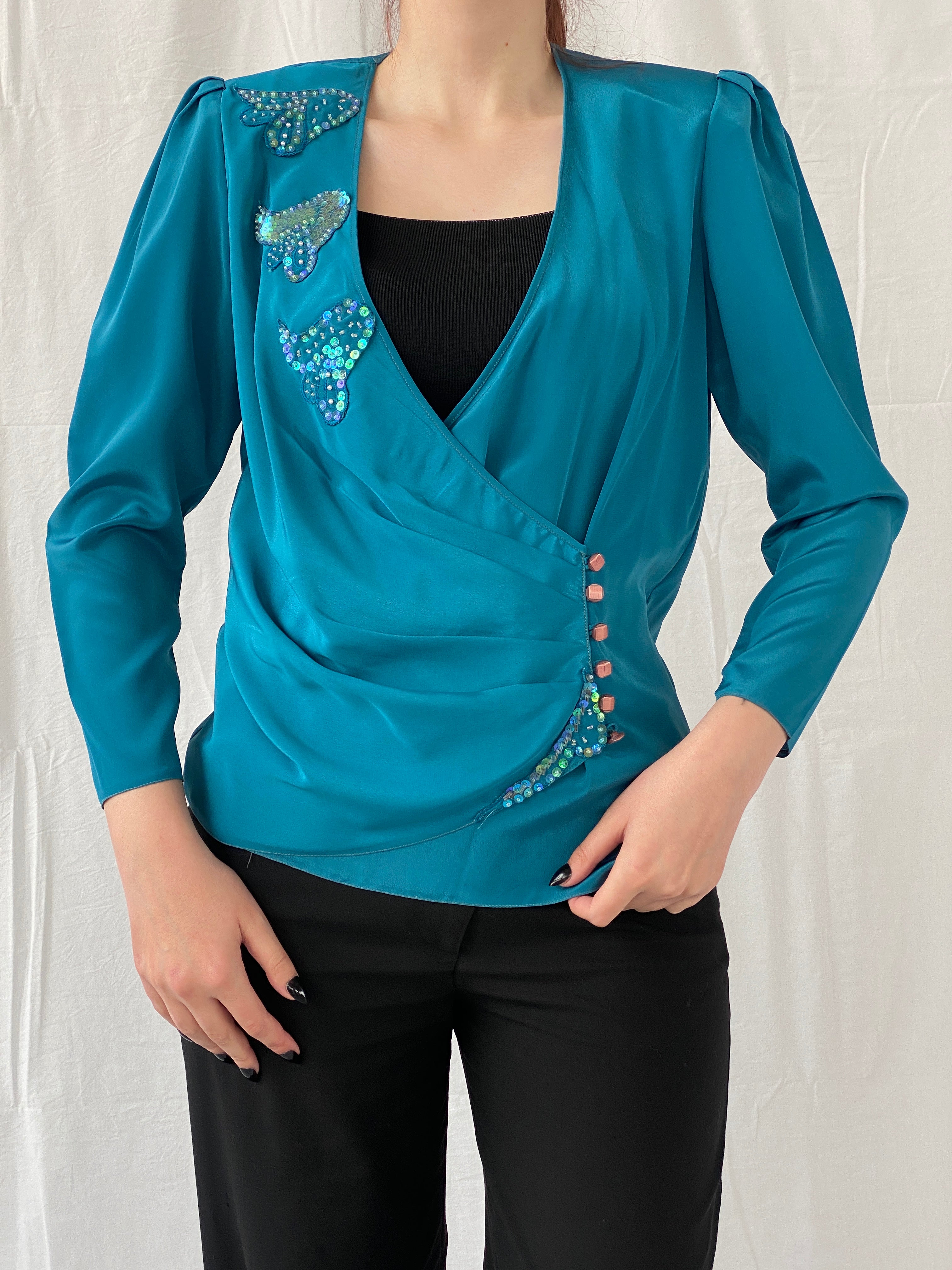 Vintage Handmade Turquoise Aqua Women’s Long Sleeve Sequin Party Wrap Blouse - M