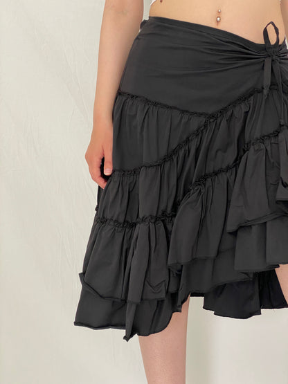 Statement Vintage Y2K Black Ruched Ruffle Tiered Midi Skirt – M