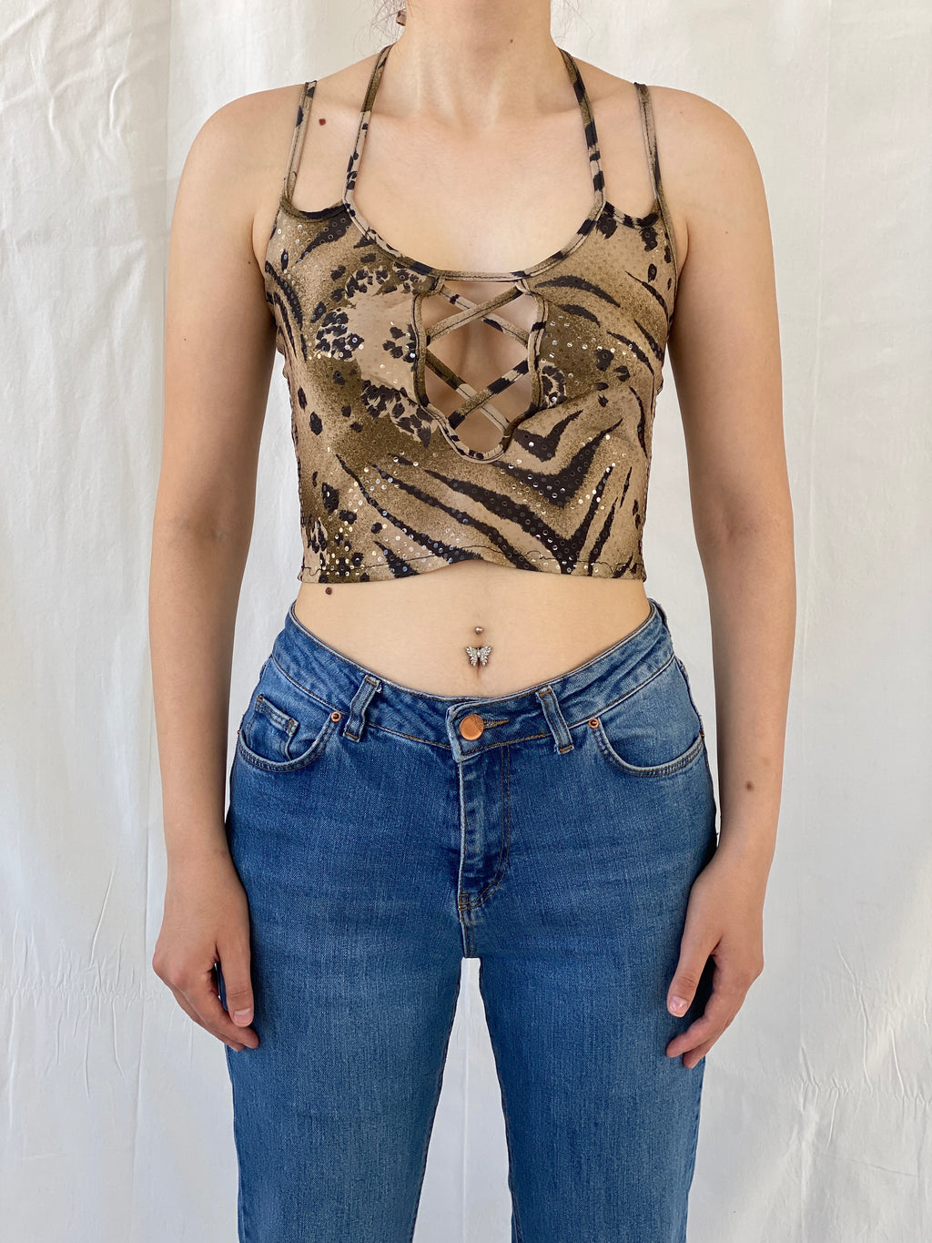 Y2K Mazloum Leopard Crop Cut Out Halter Tie Women’s Top - S