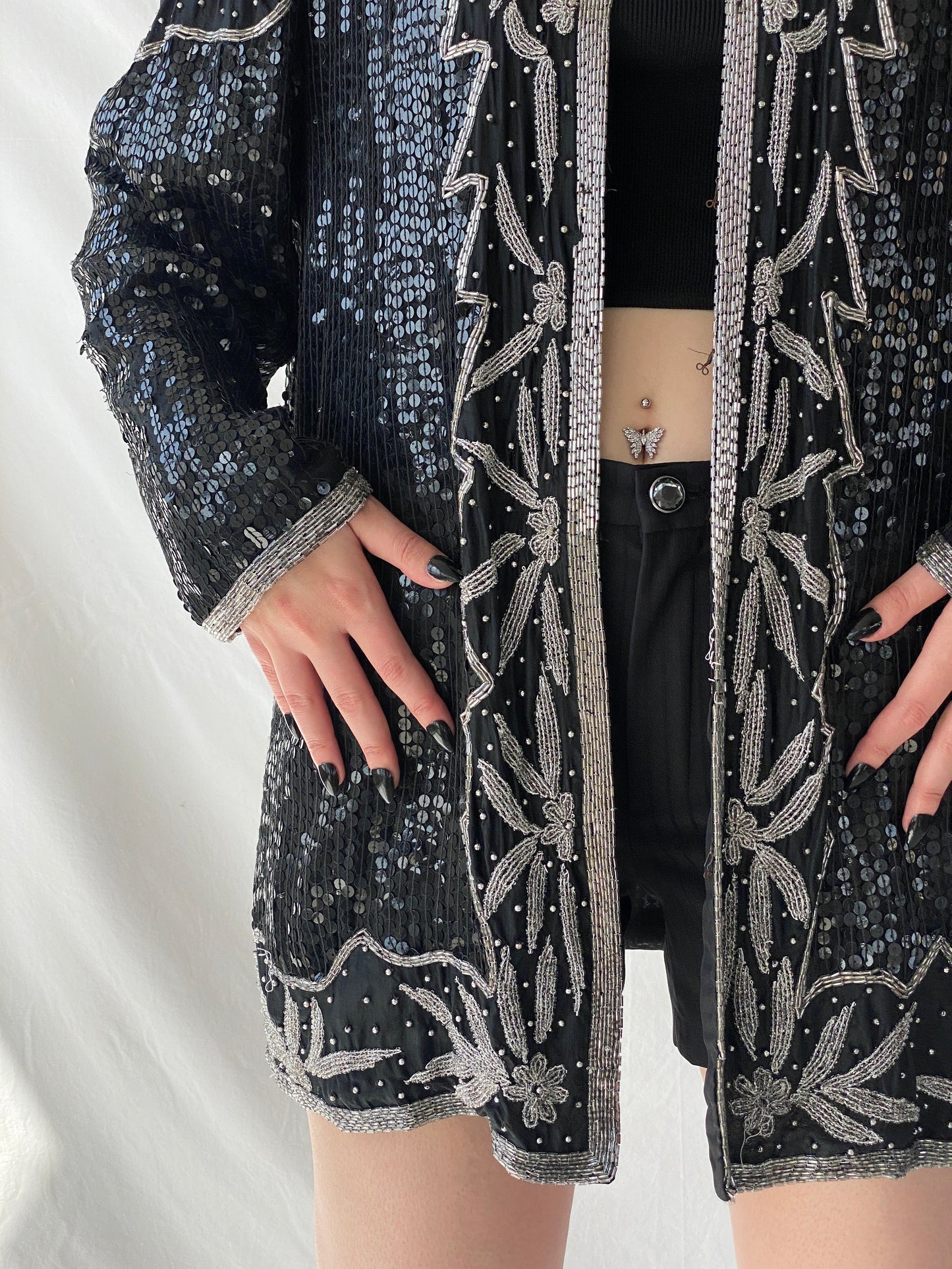 Vintage 80s Midnight Run Black Silver Sequin Beaded Silk Blazer Sparkle Party Jacket - XL