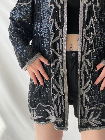 Vintage 80s Midnight Run Black Silver Sequin Beaded Silk Blazer Sparkle Party Jacket - XL
