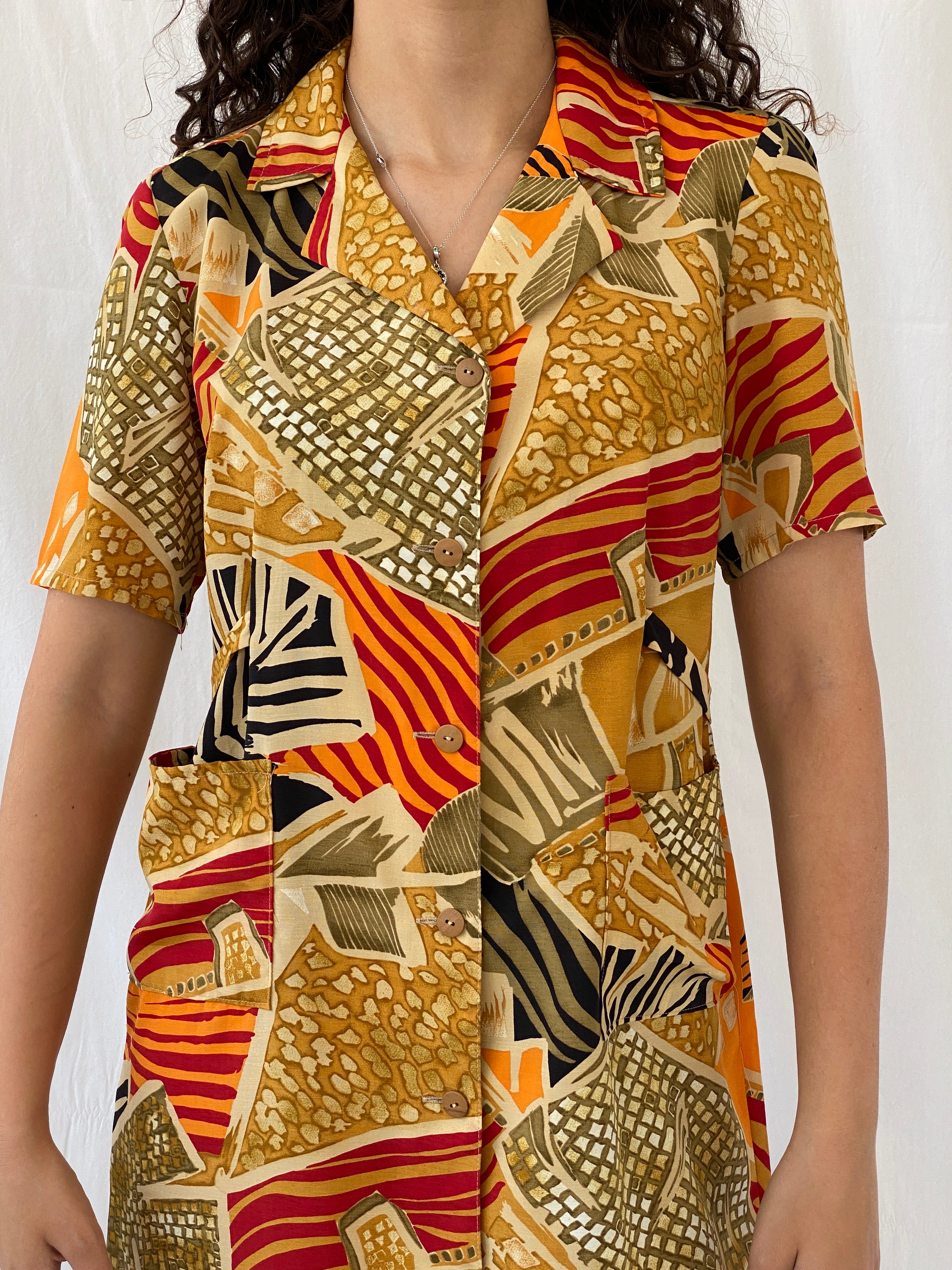 Vintage Handmade Abstract Hawaiian Button Up Knee Length Orange Yellow Dress - M