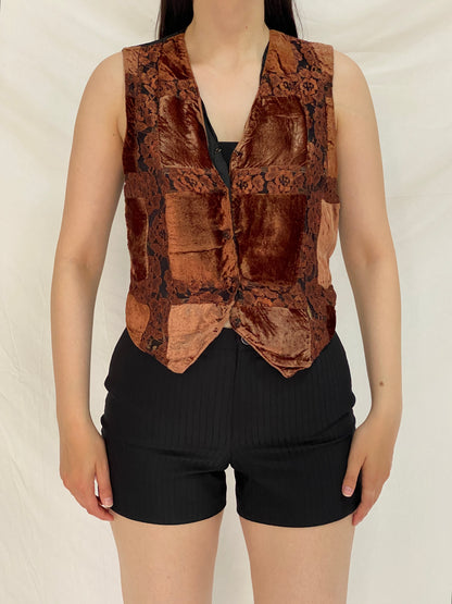 Vintage Y2K Brown Velvet Patchwork Lace Vest Boho Fairy Grunge Cropped Waistcoat Top – M