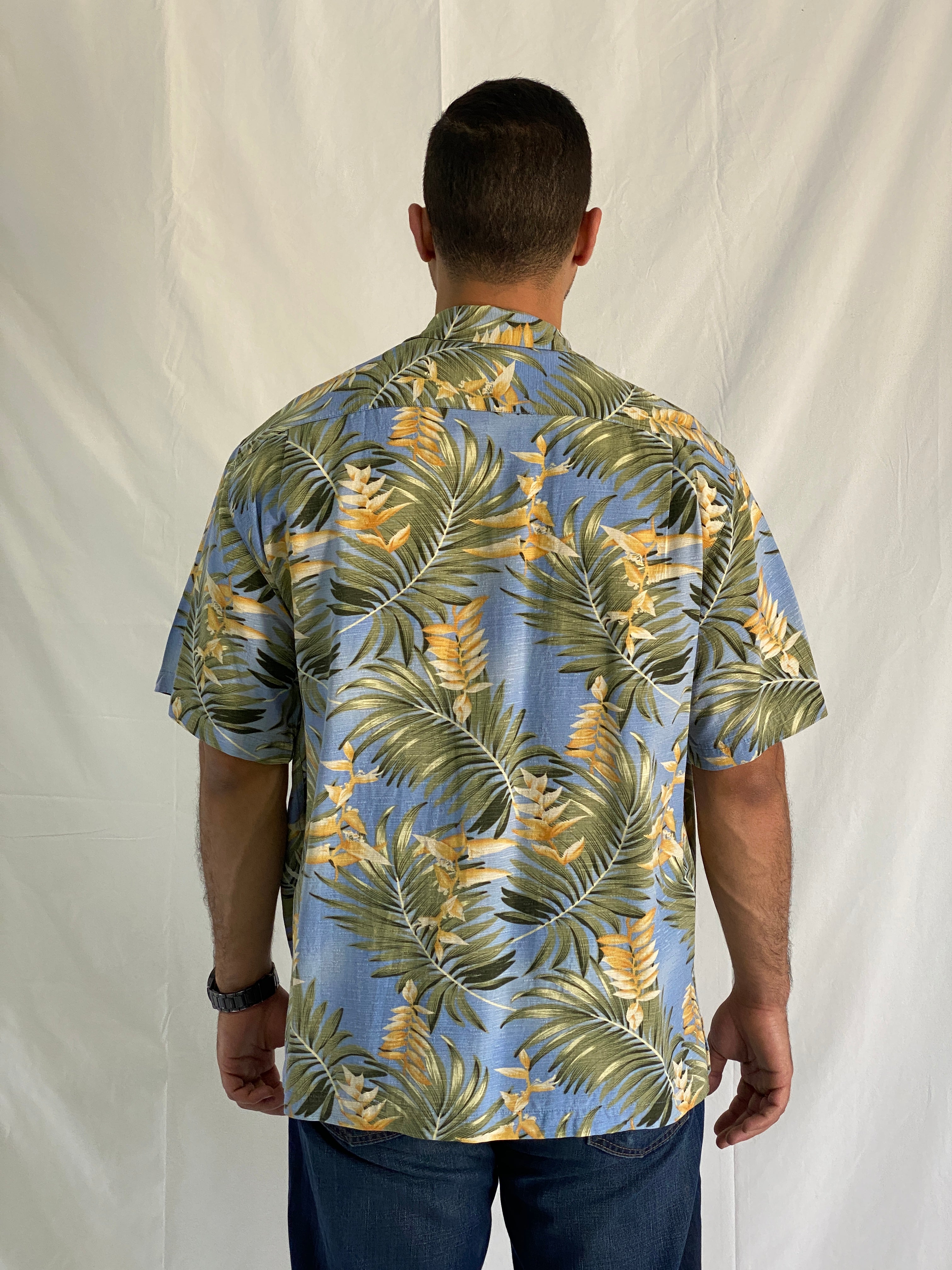 Caribbean Hawaiian Blue Tropical Palm Leaf Men’s Silk Shirt - XL