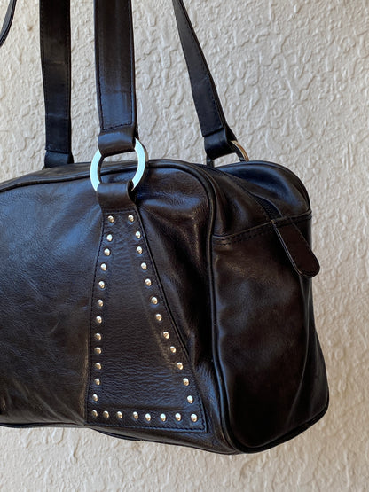 Vintage Black Faux Leather Studded Bowling Shoulder Bag