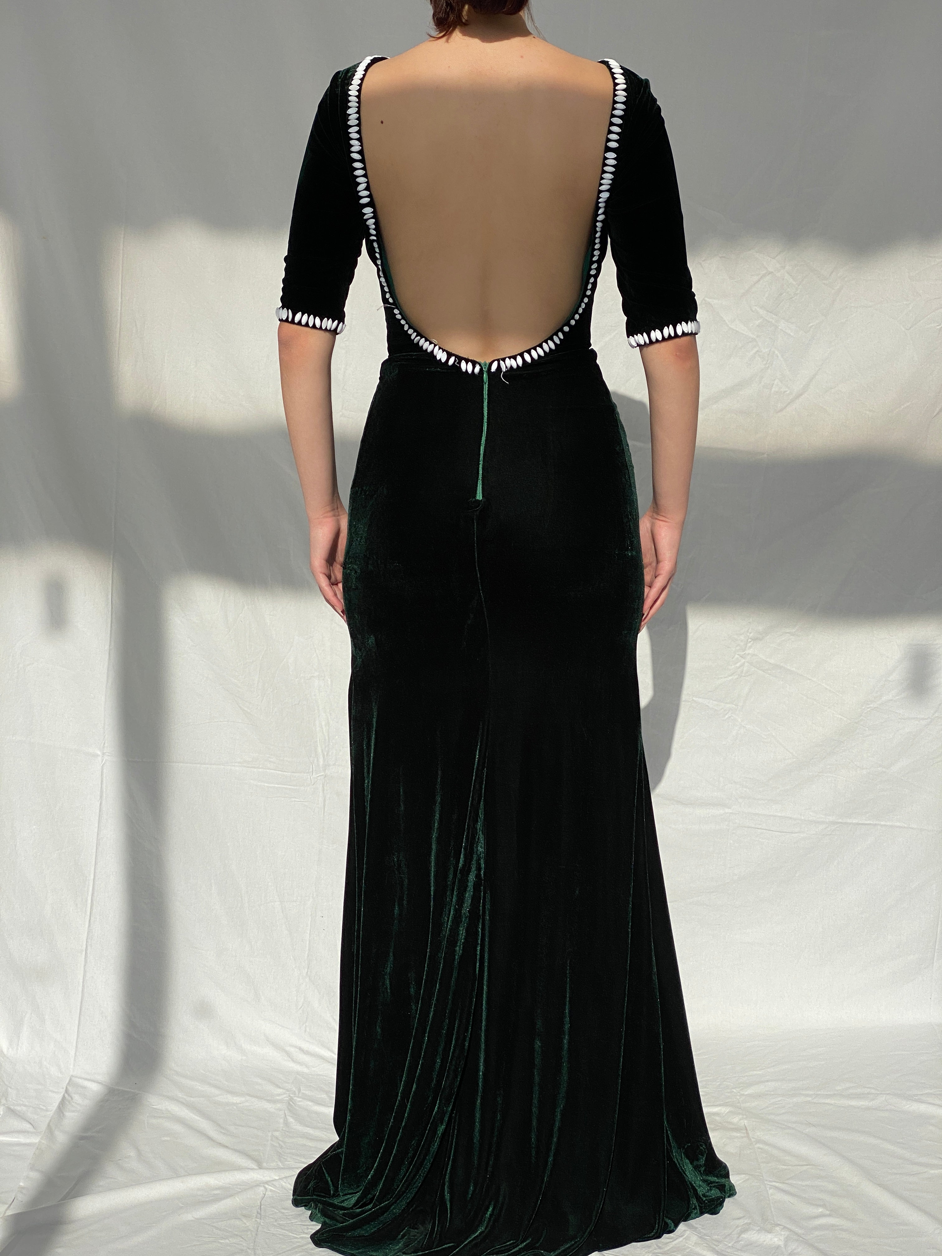 Vintage Green Velvet Maxi Dress With A Side Slit &amp; Open Beaded Back - M