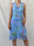 Cute Vintage Y2K D.B.Y. Blue Floral  Midi Asymmetrical Hem Dress - S