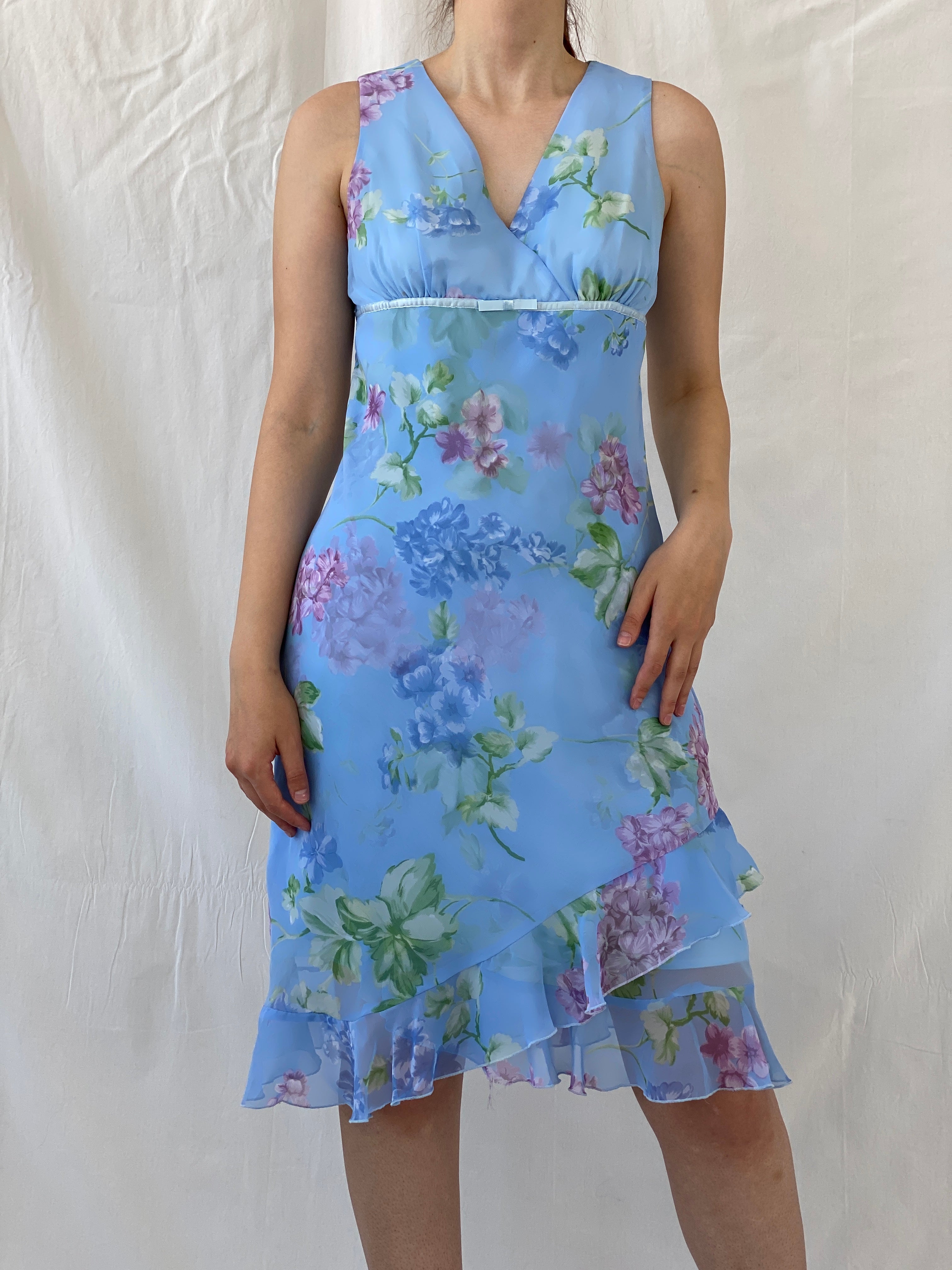 Cute Vintage Y2K D.B.Y. Blue Floral  Midi Asymmetrical Hem Dress - S