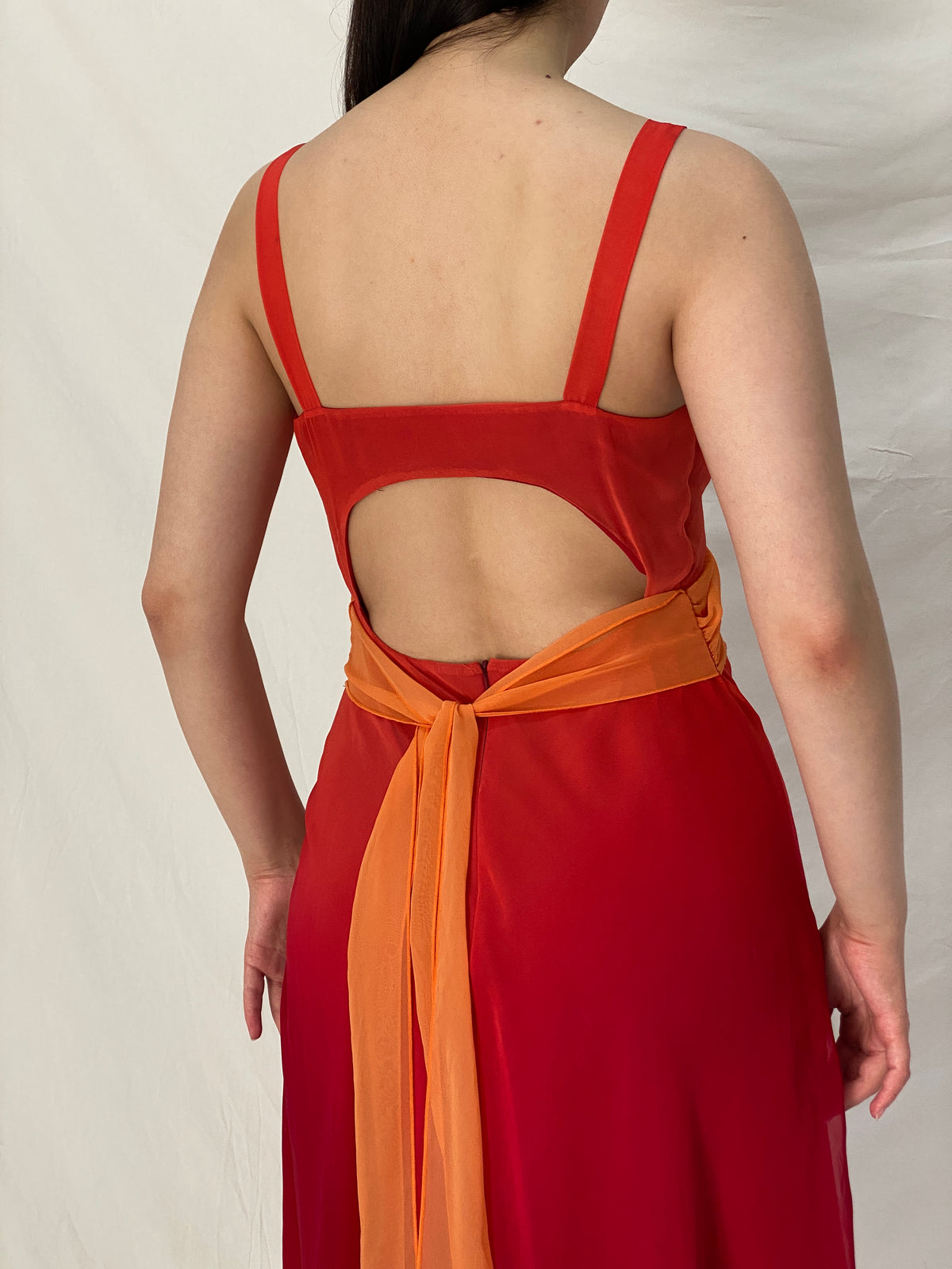 Vintage 90s BAY Red Orange Ombre Chiffon Midi Wedding Guest Dress – M Vintage 90s BAY Red Orange Ombre Chiffon Midi Wedding Guest Dress – M