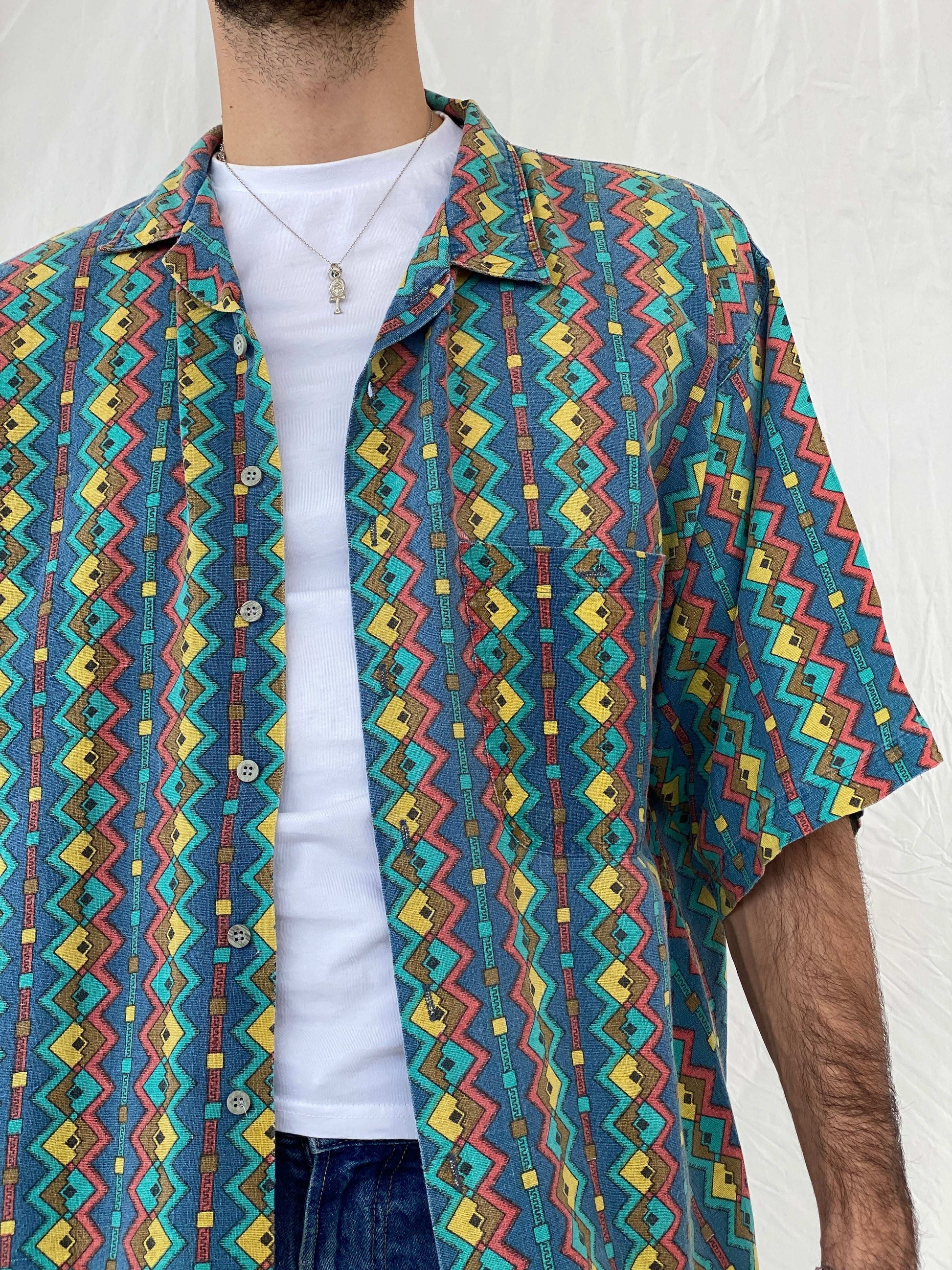 Vintage 80s Pier Connection Geometric Multi-Colored Shirt Size XL - Balagan Vintage Half Sleeve Shirt 80s, Awsam, half sleeve shirt, mens shirt, NEW IN, printed shirt